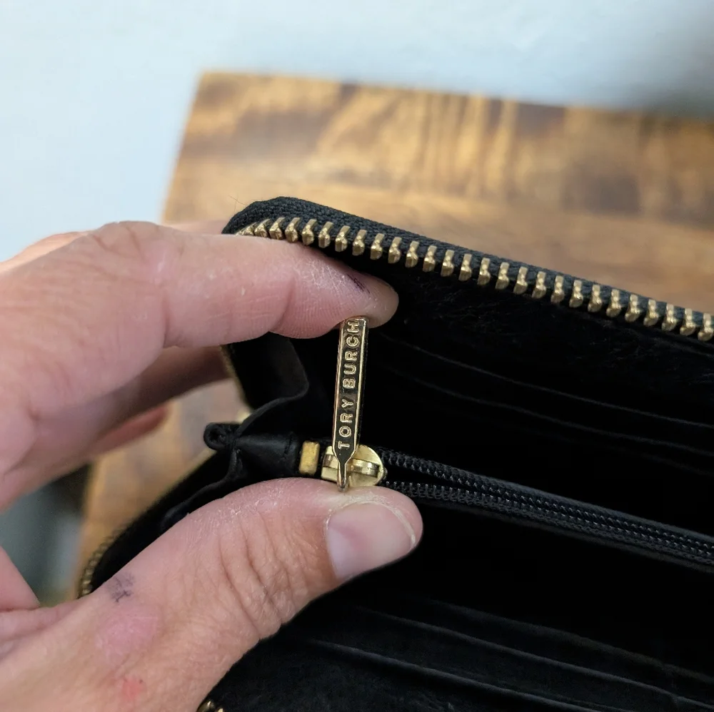 RARE Tory Burch rare black leather with‎ gold logos & studs wallet